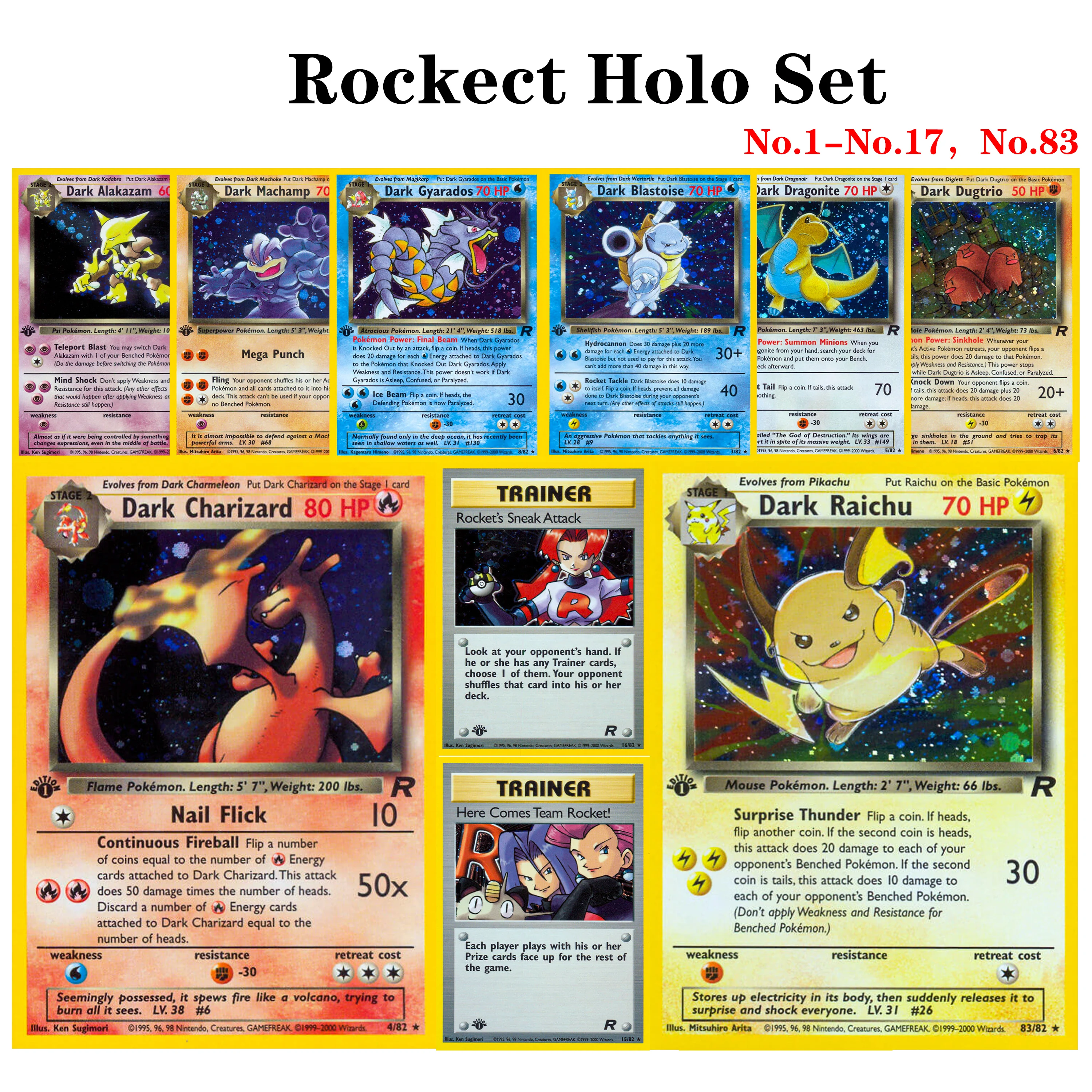 

Коллекционные карты PTCG Team Rocket 2000 года, 1-е издание, редкие фольгированные карты PKM №1-№17, №83: Dark Dragonite/Hypno/Raichu/Charizard, DIY-карты для TCG