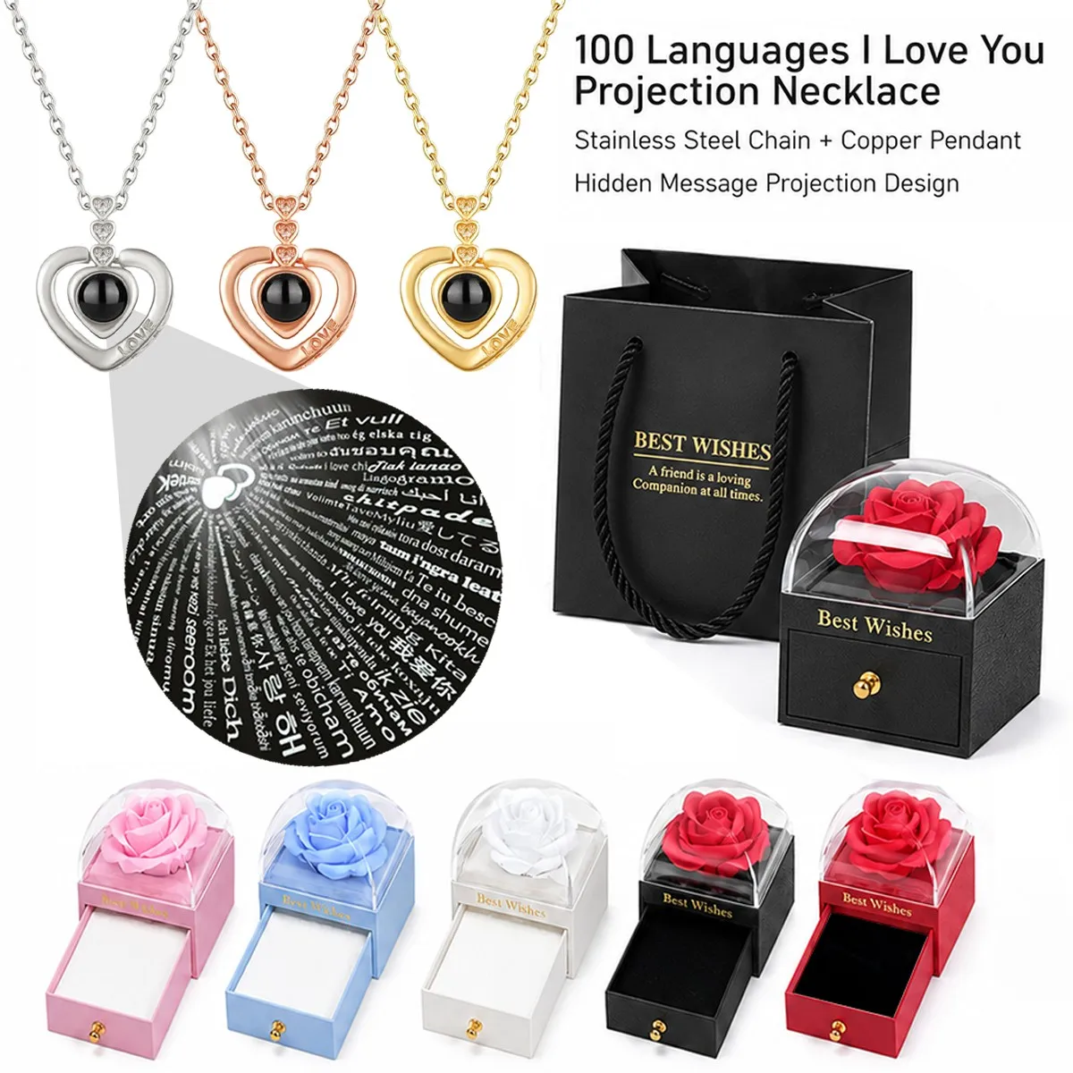 Heart Pendant 100 Languages Projection Necklace With Rose Gift Box For Women Mother Christmas Valentine Birthday Jewelry