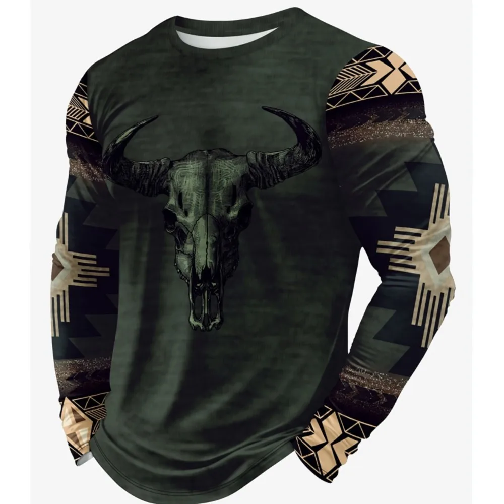 

Retro Ethnic Style Men's Casual Round-neck Long-sleeved T-shirt, Urban Street Fashion And Trendy Men's Top, Simple And Fashionab