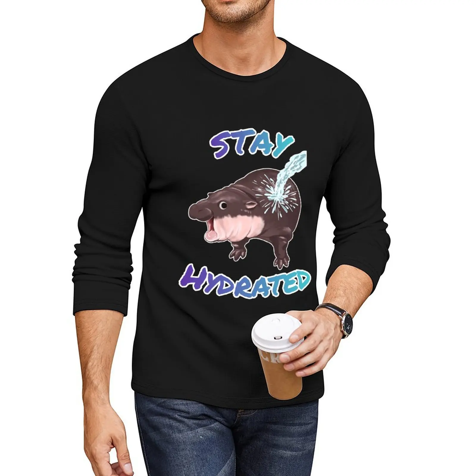 

Moo Deng baby hippo Stay hydrated Long T-Shirt sweat shirts custom t shirts design your own T-shirts for men cotton