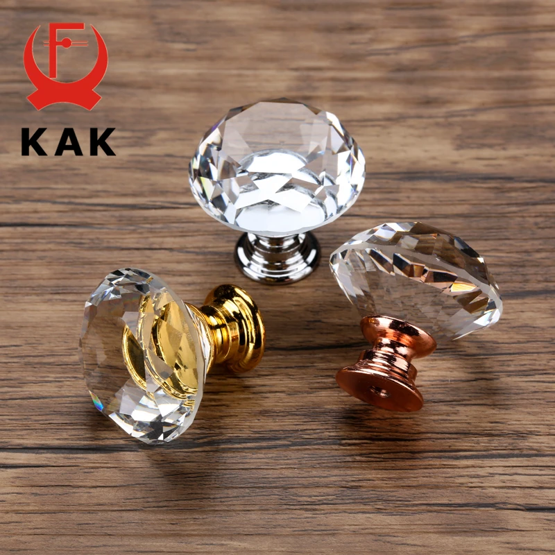 KAK 20-40mm Diamond Shape Design Crystal Glass Knobs Cupboard Drawer Pull Kitchen Cabinet Door Wardrobe Handles Hardware