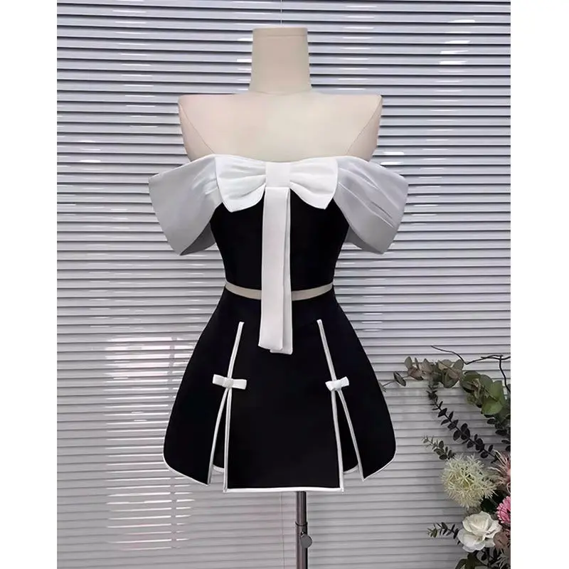 

Korean Style Elegant Bow Line Shoulder Dress Women 2024 Spring and Summer Niche High-grade Sweet and Spicy Vestido Feminino