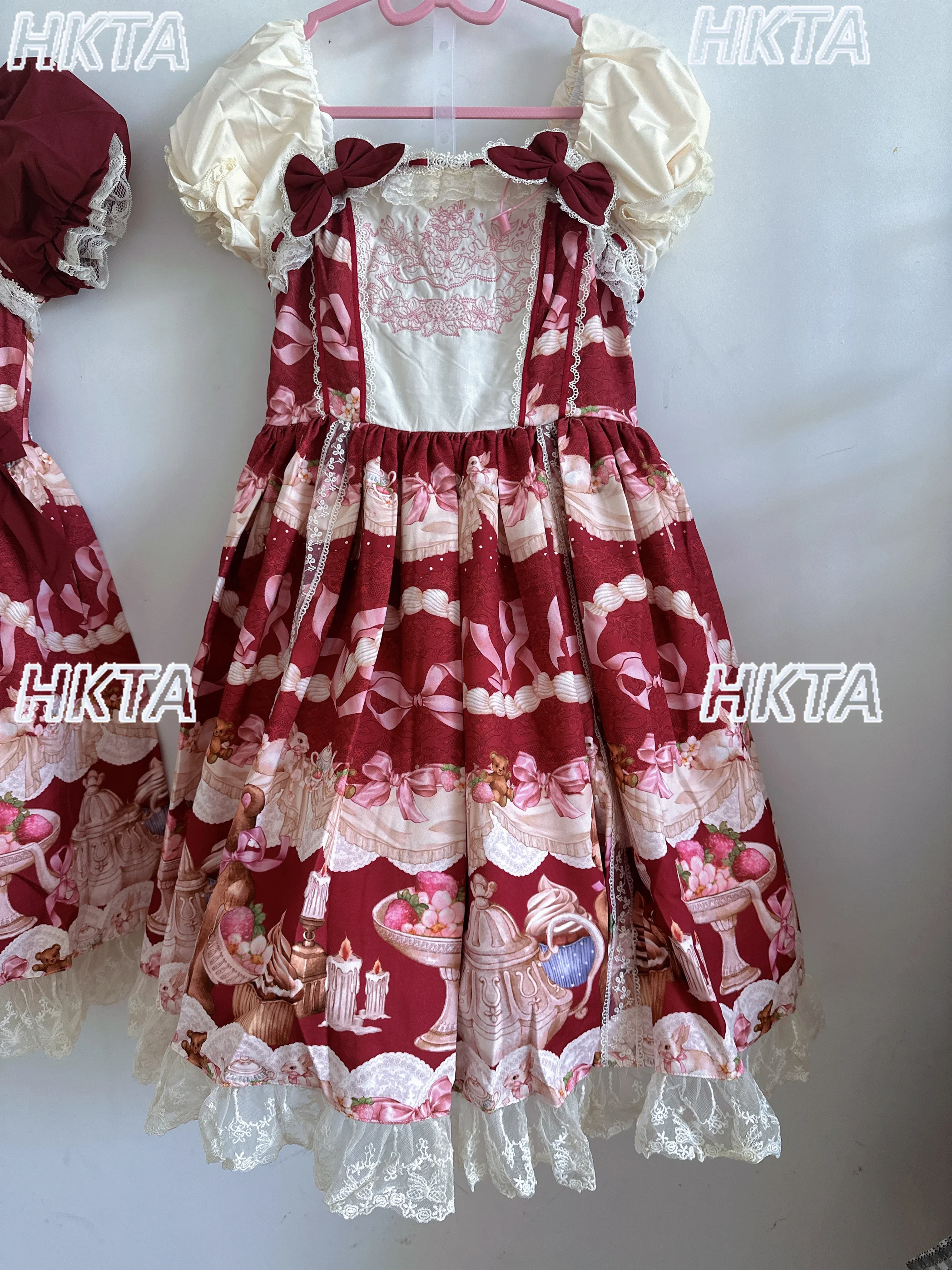 ヴィンテージかわいいカワイイロリータドレス甘いスクエアネックバブル半袖レースステッチリボンプリンセスボールガウンドレス女性