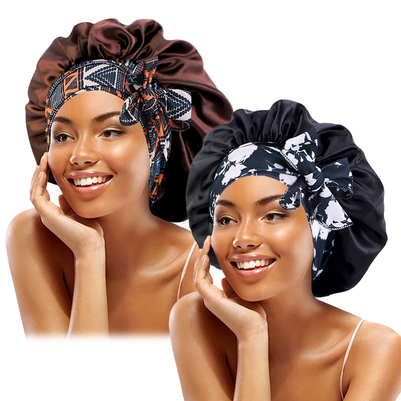 2PCS/LOT Boho Printed Headband Satin Bonnet Lace Up Bowknot Hair Bonnet Elastic Sleeping Night Cap Shower Bath Bonnets For Women