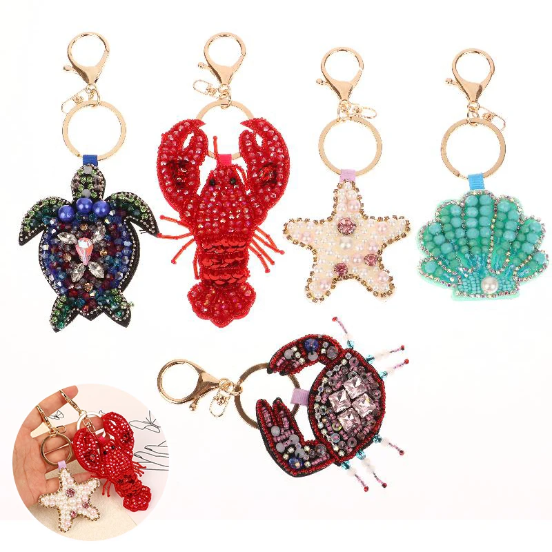 New Rhinestone Lobster Beaded Pendant Pretty Hand Sewn Bag Charms Crab Shells Turtle Hanging Rope Patches Applique Bag Lanyard