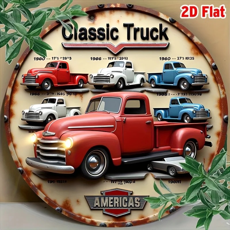 High Definition Custom Metal Wall Art Print Vintage American Classic Pickup Truck Rusty Round Sign Wall Decor for Garage Man Cav