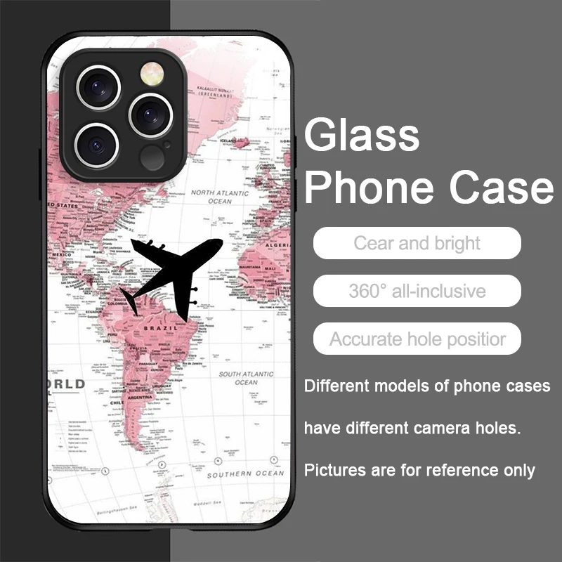 Custodia per telefono in vetro temperato con mappa di viaggio creativa modello aereo per IPhone 17 16 Pro Max 15 14 13 12 Mini 11 X XS 7 8 Plus Copertine