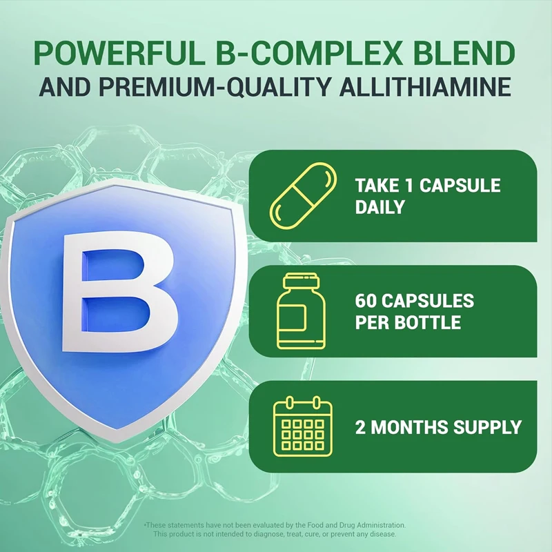 Contains 8 essential natural vitamins B1, B6, B12 complex, including thiamine, niacin, folate, magnesium, etc. -60 capsules