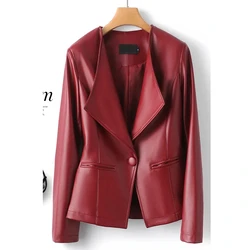 Chaquetas elegantes de piel de oveja para mujer, abrigos cortos de cuero con cuello vuelto, un botón, manga completa, color rojo vino, otoño