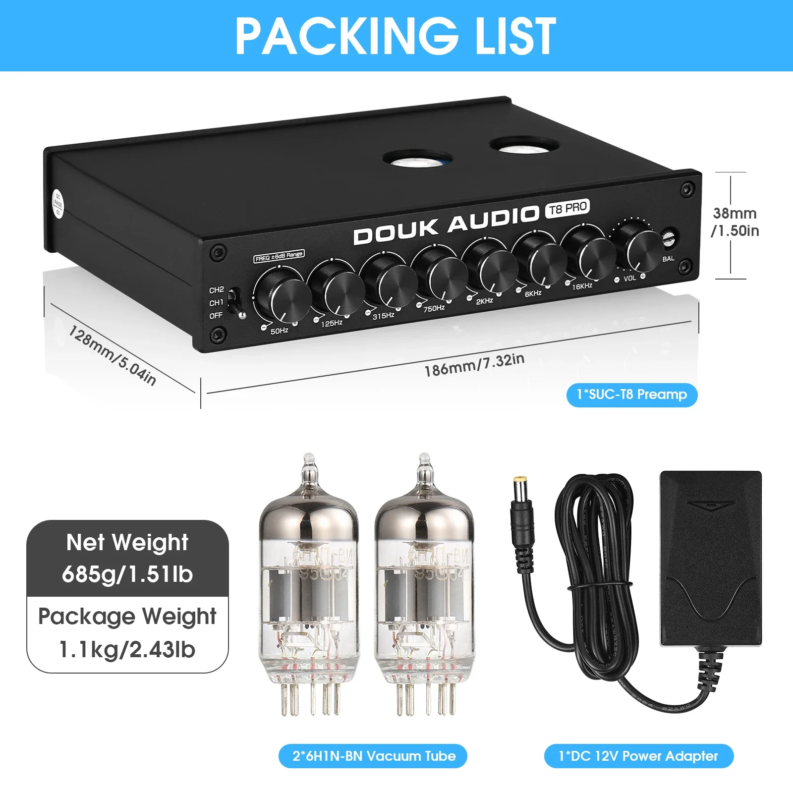 Douk Audio T8PRO HiFi Valve Tube Stereo Balanced XLR/RCA Preamp 7-band EQ Equalizer Home for Home Speaker with Tone Control