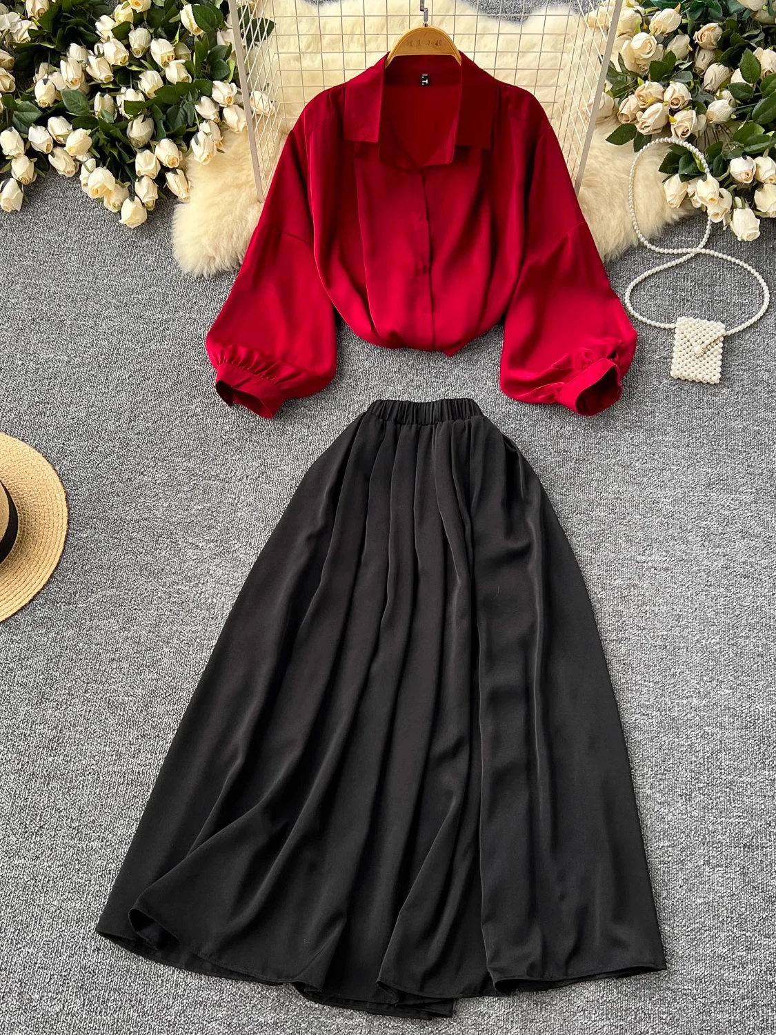 

Spring Autumn Elegant Women Two Piece Set Ladies Office Turn-Down Collar Puff Sleeve Blouse Midi Skirt Suit 2Pcs OL New Fashion