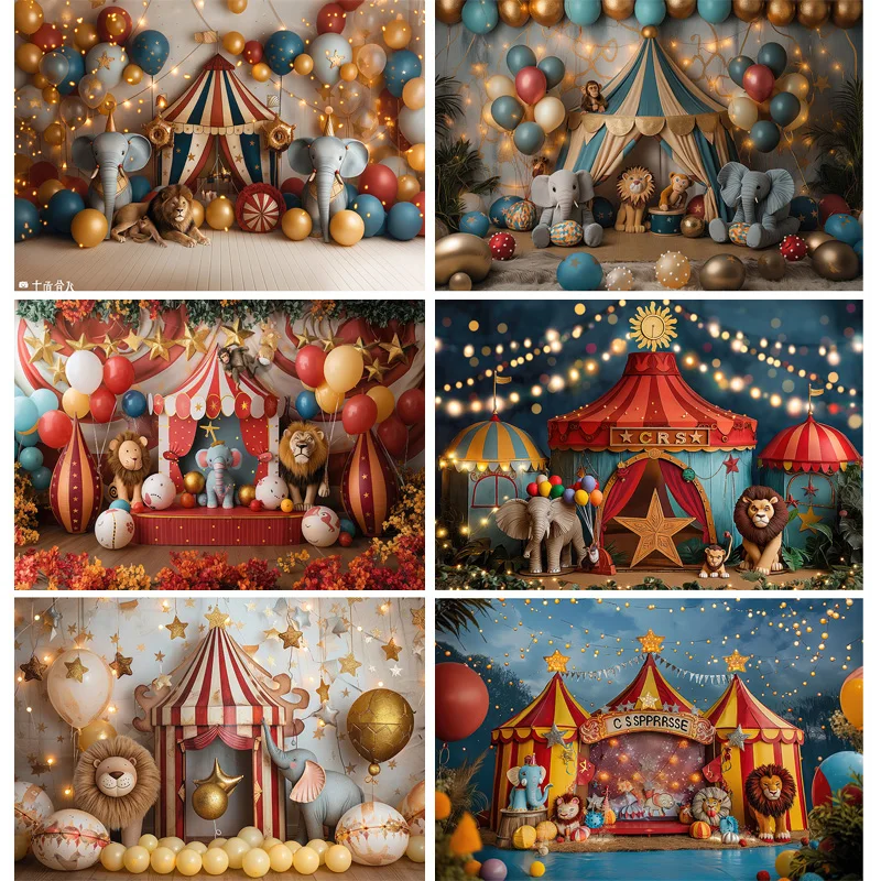 SHENGYONGBAO Circus Tent With Striped Canopy Popcorn Photography Backdrops Balloons Birthday Party Decor Animal Background SD-05