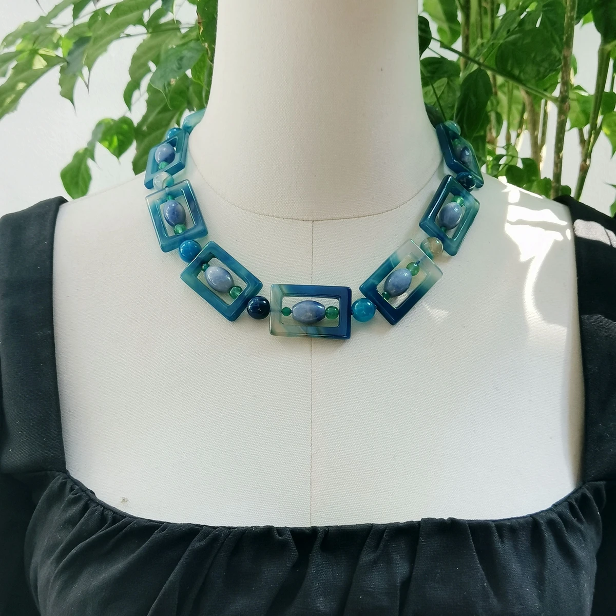 Lii Ji Real Stone Blue Women Choker Necklace 52cm Agate Stock Sale Jewelry