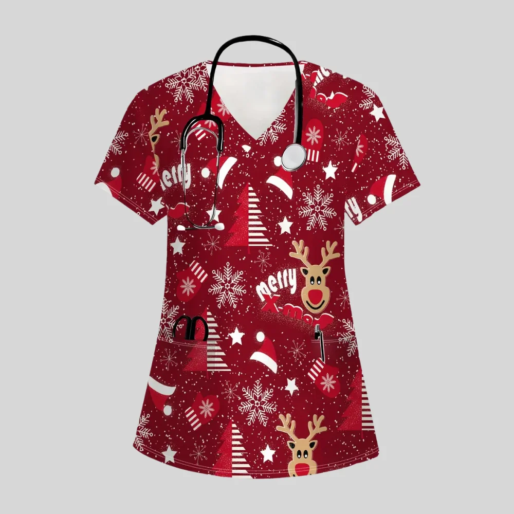 

Christmas Surgical Uniforms Woman Cartoon Pattern Print Fashion V-Neck Short Sleeve Nursing Comfortable Clinical Uniform Woman