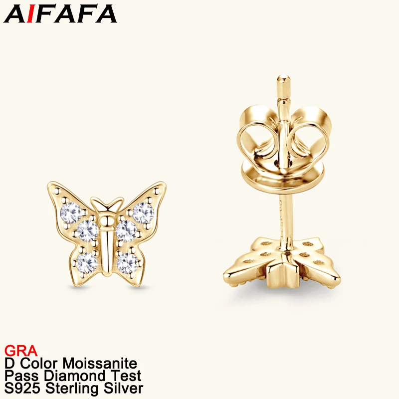 D Color All Moissanite Gold Stud Earrings 100% 925 Sterling Silver Moissanita Butterfly Ear Fine Jewelry Pass Diamond Test