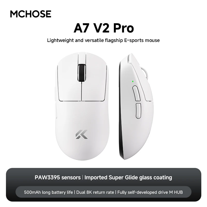 HRUEDA MCHOSE A7 Pro Ultra Wireless Mouse Tri-Mode Gaming E-Sport-Maus PAW3950 Leichte 42000 dpi 8K Low Delay Ergonomie 500 mAh 8
