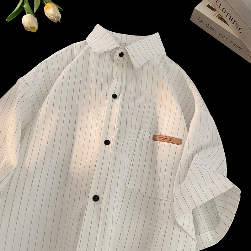 

Men Half Sleeve Ice Silk Striped Shirt Summer New Japanese Retro Versatile Thin Lapel Tops Casual Loose Fashion Letter Coat