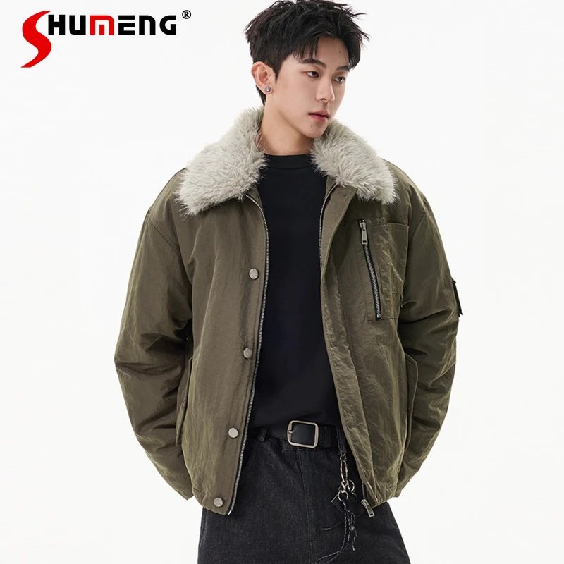 

Trendy Detachable Faux Fur Collar Parkas Men Women 2025 Winter New High Street Tooling Coats Retro Thickened Warm Chic Parkas