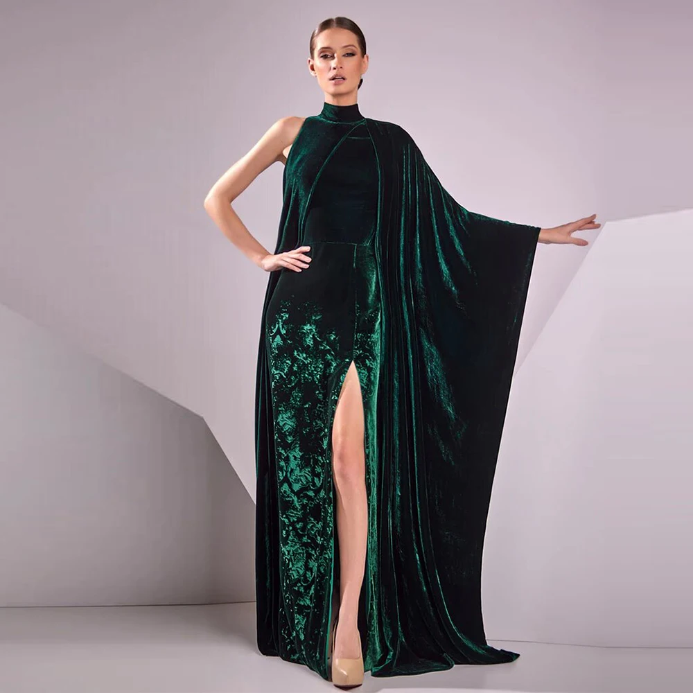 Modern Elegant Party Dresses Woman Green Velour Front Fork Straight High Collar Long Dresses Bespoke Occasion Gown