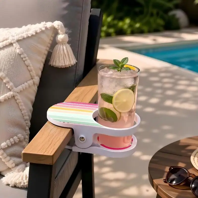 Rainbow Clip On Chair Armrest Cup Holder Portable Anti Slip Plastic Drink Holder Beach Chair Cup Holder For Beach Poolside Patio view 2
