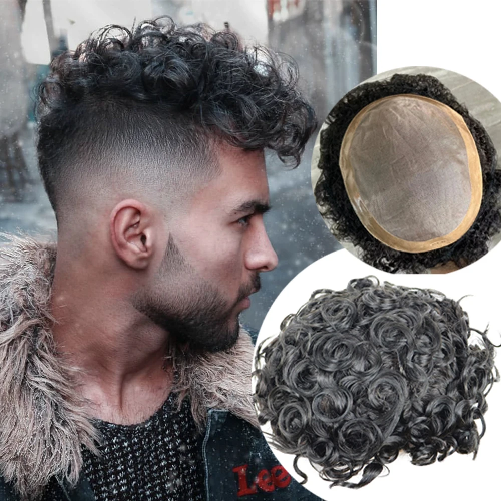 

24mm Curly Black Afro Men Toupee 100% Human Hair Durable Mono&NPU Male Capillary Prosthesis Replacement System For Black Men