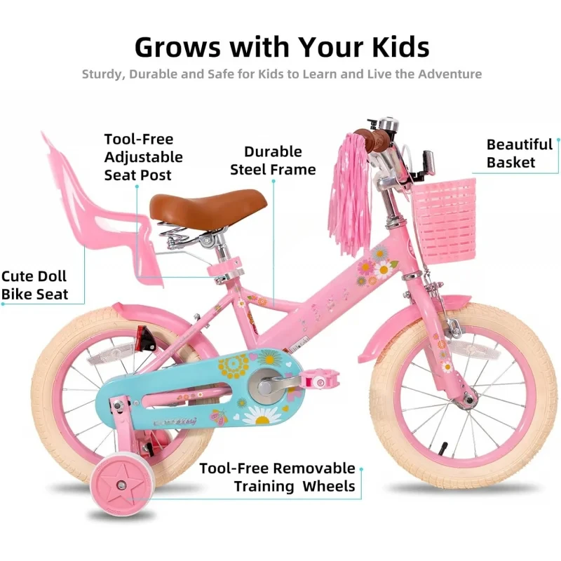 AQJOYSTAR Little Daisy Kids for Ages 2-7 Years,12 14 16 Inch Girls Doll Bike Seat; Streamers,Boys Bikes with Flag