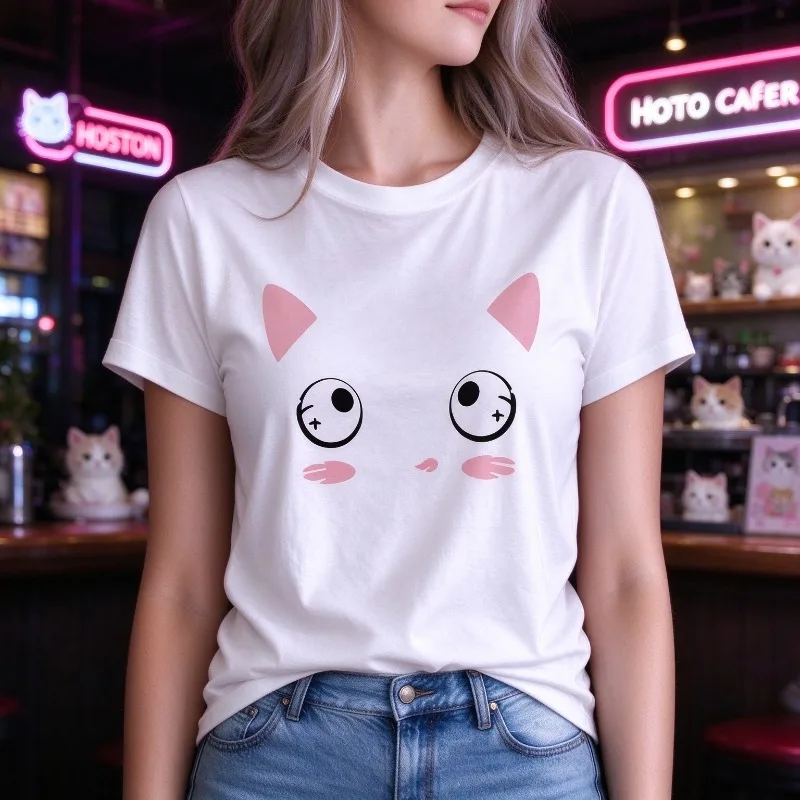 Cute Cat Face Print T-Shirt Women 100% Cotton Short Sleeve Big Eye Animal Graphic Casual Top Crewneck Kawaii Pet Lover