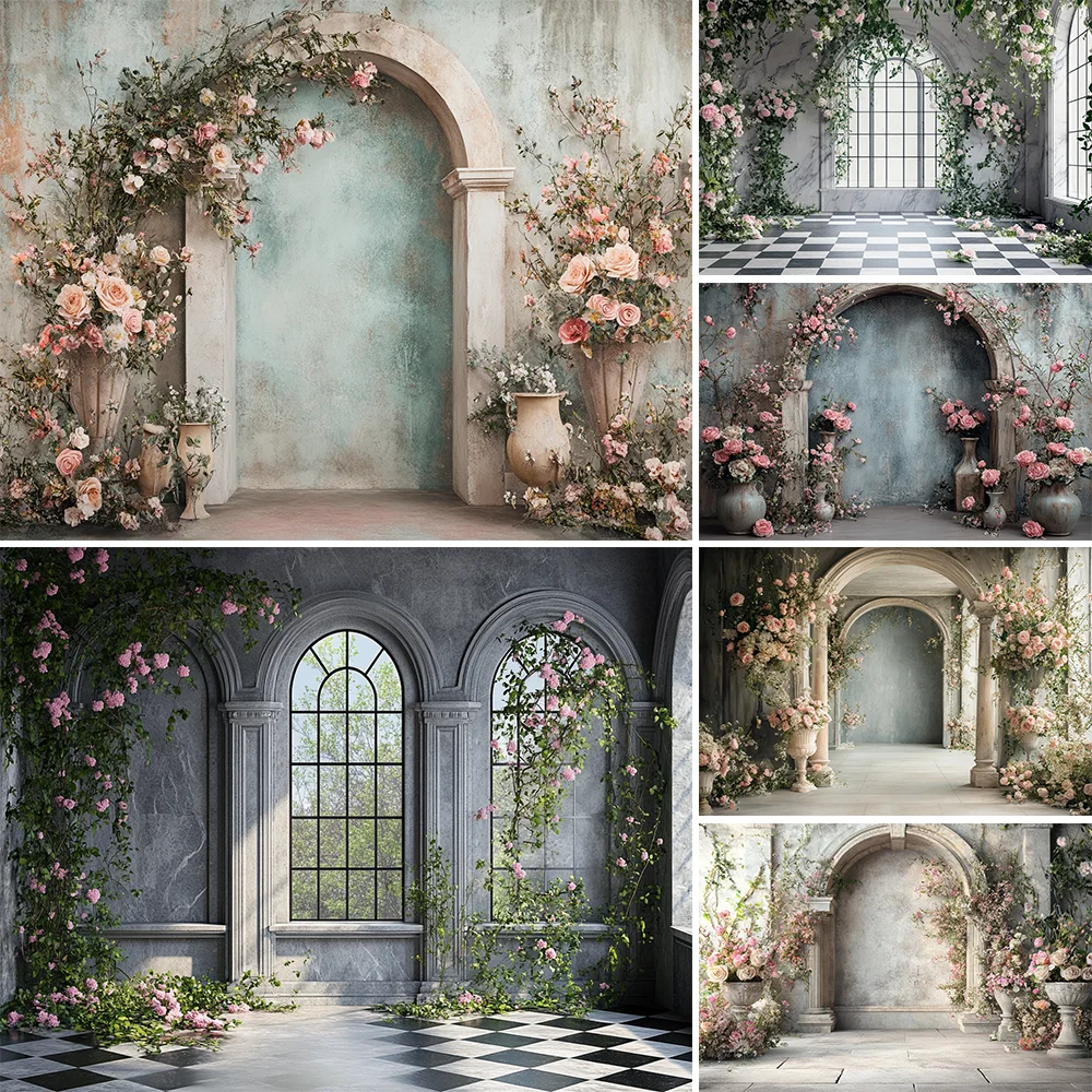 

Dreamy Floral Interior Scene Backdrop Hanging flower Door Window Curtain Background Birthday wedding Party Photozone