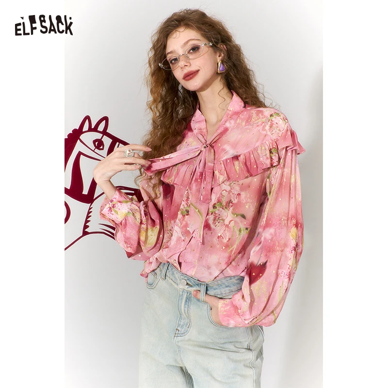 

ELFSACK Y2K Sweet Casual Ruffle Tie Loose Button Long Sleeve Chiffon Blouse For Women
