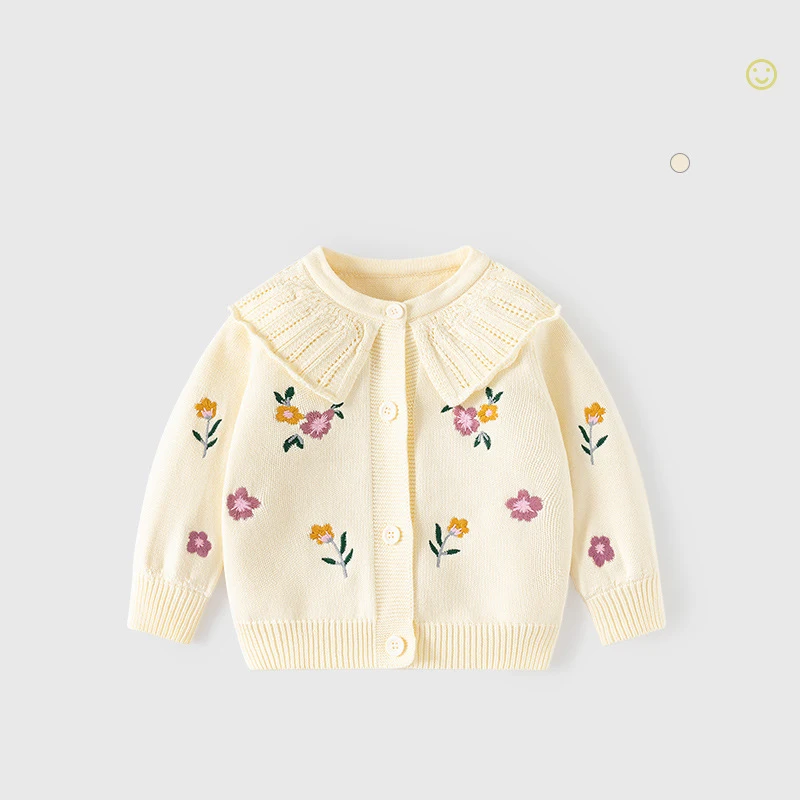 Autumn Winter Toddler Girls Cardigan Cotton Knitted Flower Embroidery Lapel Long Sleeve Baby Girls Sweaters Kids Girls Coat