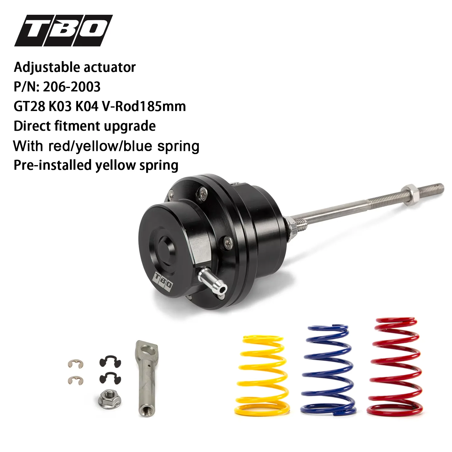 

Turbo Wastegate Adjustable Actuator V-Rod185mm For GT28 K03 K04 Turbo Direct Fitment With Green/Yellow/Blue Spring