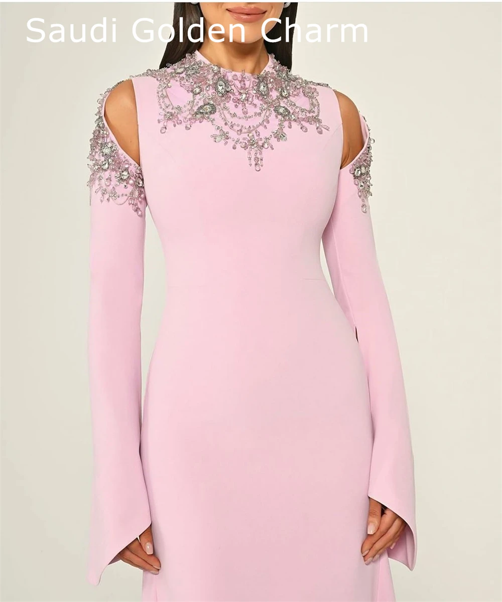 angepasstCustomized Formale Rosa Jersey Abendkleid Temperament Rundhals Lange Ärmel Party Kleid Hohe Qualität Gerade Promi