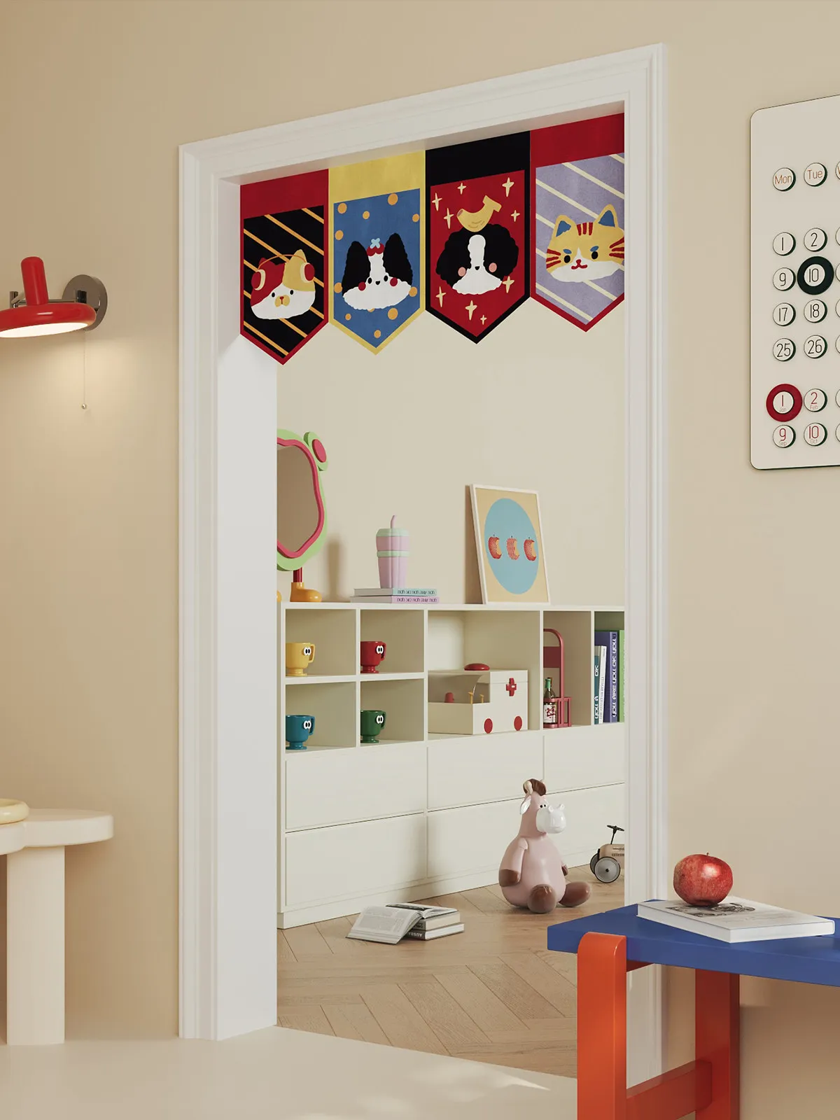 VIKAMA Color Block Cherry Cat Dog Single Valance Curtain Velcro Punch Free Balcony Window Kids Fabric Short Curtain