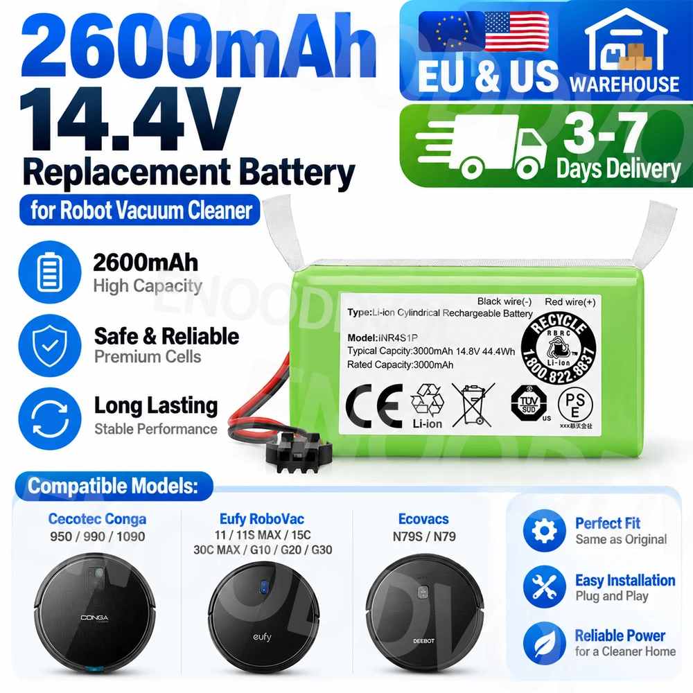 14.4V 2600mAh Li-ion Replacement Battery for Conga 950 990 1090 Eufy RoboVac 11 11S MAX 15C 30C MAX G10 G20 G30 Ecovacs N79S N79