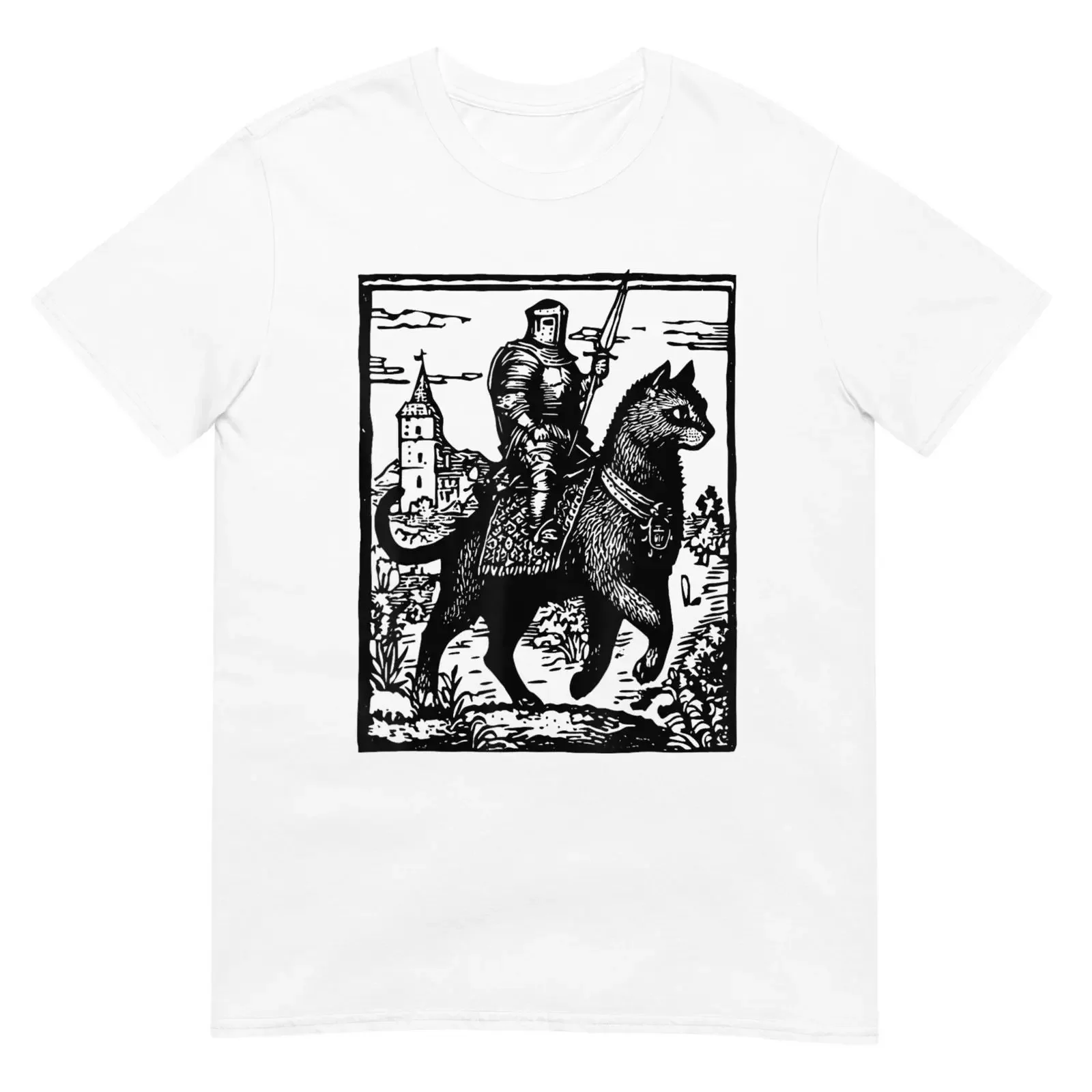 Knight Cat Rider T-Shirt Retro Lover Vintage Washed Stylisches Herren-Freizeitshirt mit Grafik, leicht dehnbar, für den Alltag