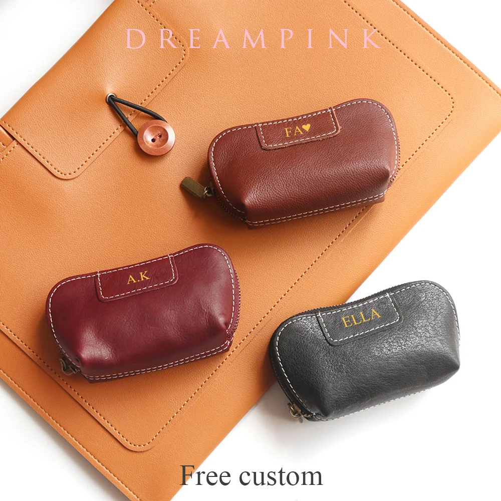 

Retro Leather Coin Purse Custom Name Zip Keychain Women Pouch Wallet Vintage Luxury Personalize Initials Lady Mini Money Bag