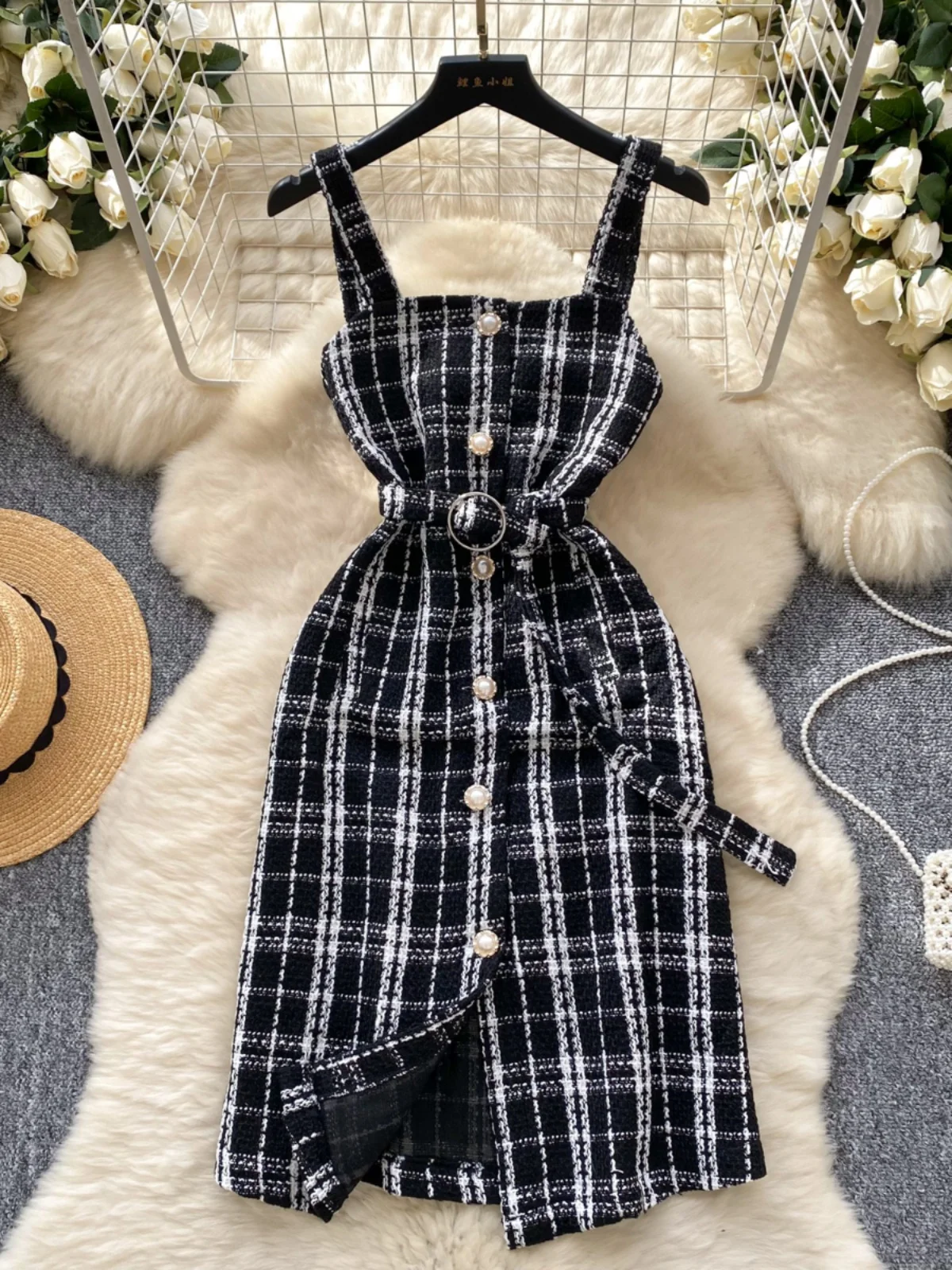 E Vestido Cruzado a Cuadros para Mujer, Corte Entallado, Falda en Línea A, Manga Larga, Estilo Casual, Fibra de Poliés...