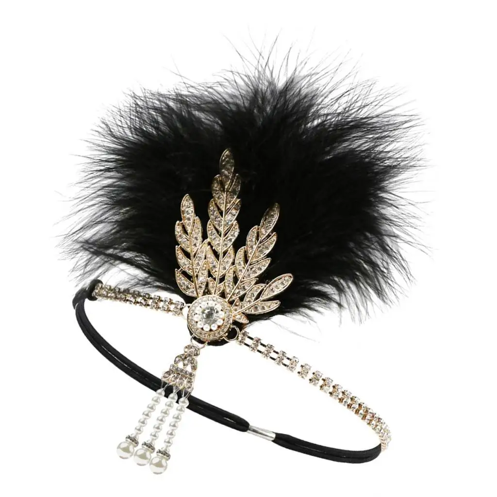 Black Golden Vintage Flapper Headband Leaf Pattern Bridal Hairpiece for Wedding Race and Fancy Dress Occasions