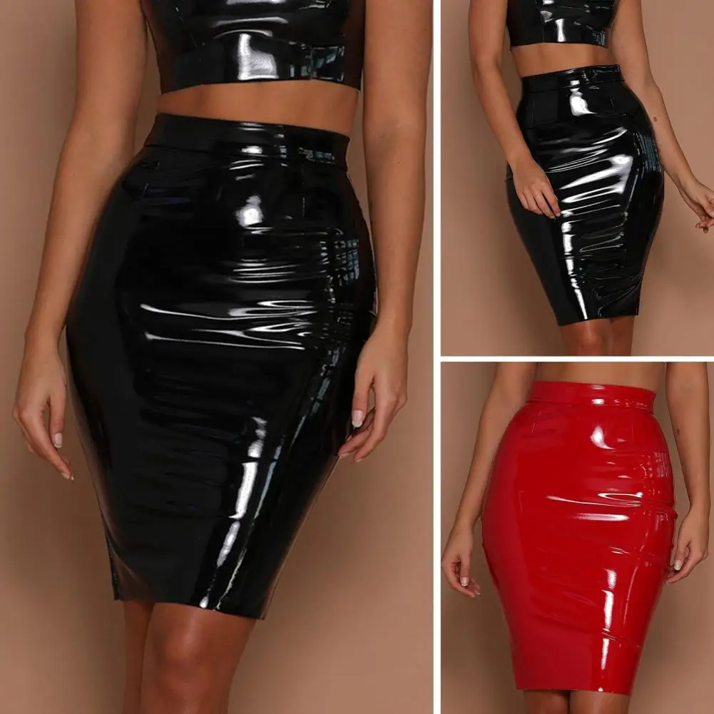 Solid Color Skirt Faux Leather High Waist Club Skirt with Zipper Closure Slim Fit Knee Length Party Skirt for Women Glossy