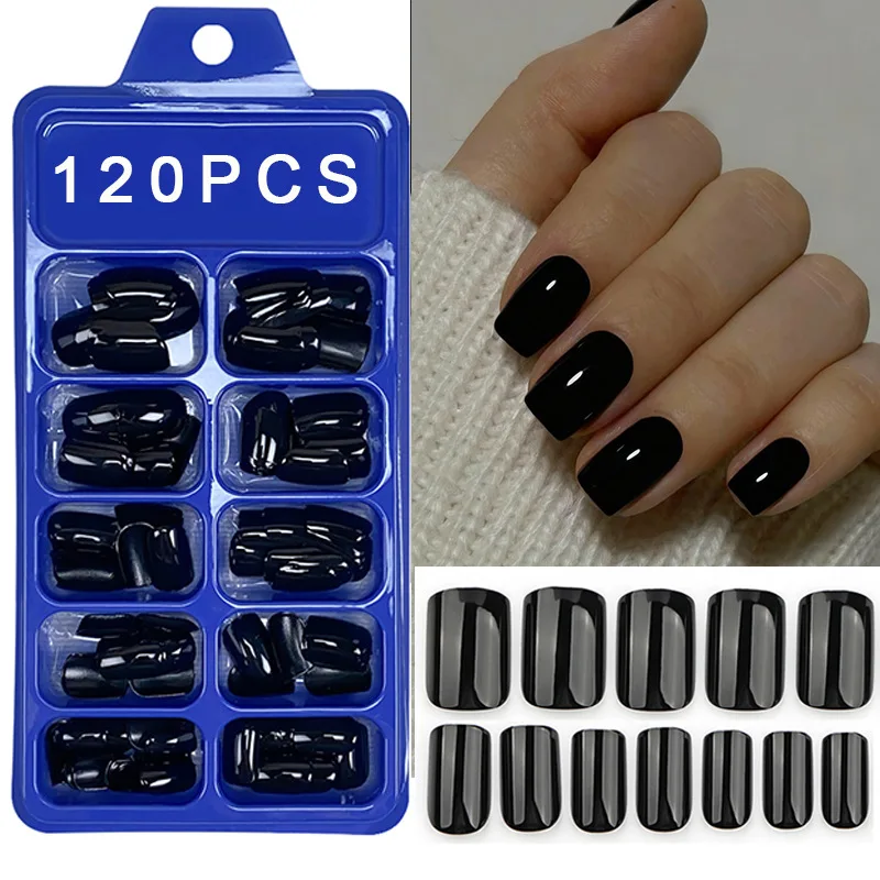 120 Stück klassische glänzend schwarze künstliche Nägel, vollflächige Press-On-Nägel, kurze, runde, wiederverwendbare künstliche Fingertips, DIY-Maniküre-Werkzeuge für Frauen – Detail 2