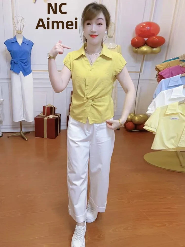 

Trendy Anti-Aging Faionable Collar irt Women's Summer Slimming Design Belted ort Sve Top Korean Sle Commute