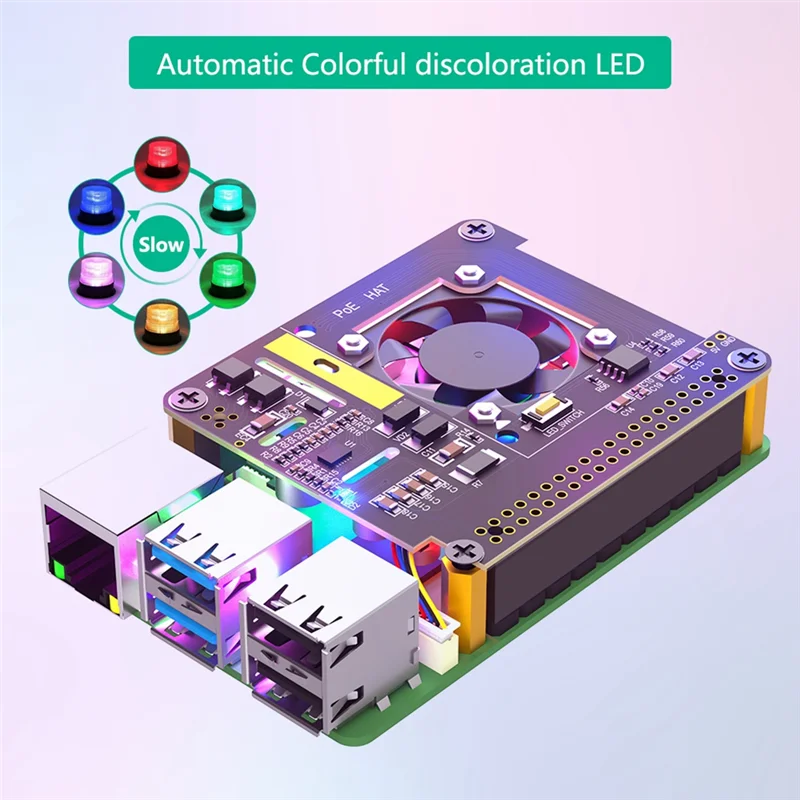 A39Q-Poe HAT For Raspberry Pi 5 With Cooling Fan/Computer Module 5, With Automatic Discoloration LED Light