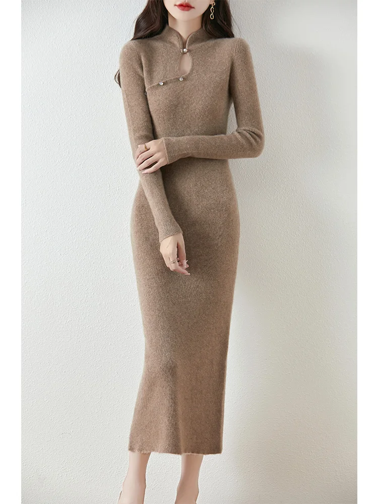 Chinesischen Stil Wolle Kleid Frauen Pullover Pullover 100% Merino Wolle Strickwaren Schlank Elegante Retro Röcke Herbst Winter Weiche Kaschmir