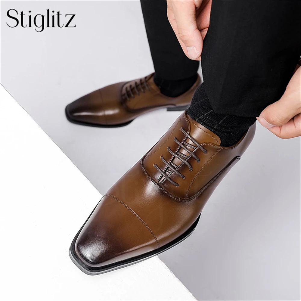 

Hand Polished Lace up Dress Shoes for Men Almond Toe Stylish Business Leather Shoes Shiny Leather Wedding Banquet Leather Shoes