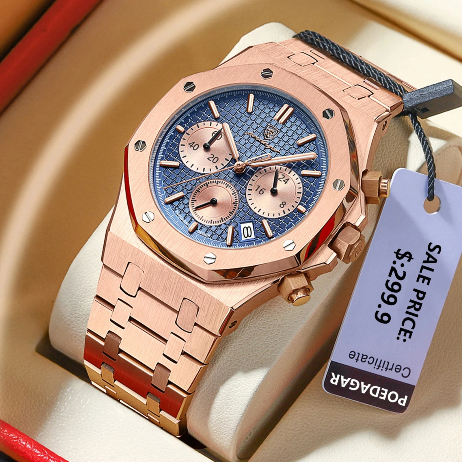 ساعات POEDAGAR للرجال من الفولاذ الفاخر ساعة كوارتز أصلية للرجال مقاومة للماء وتاريخ مضيء كرونوغراف ساعة يد فاخرة