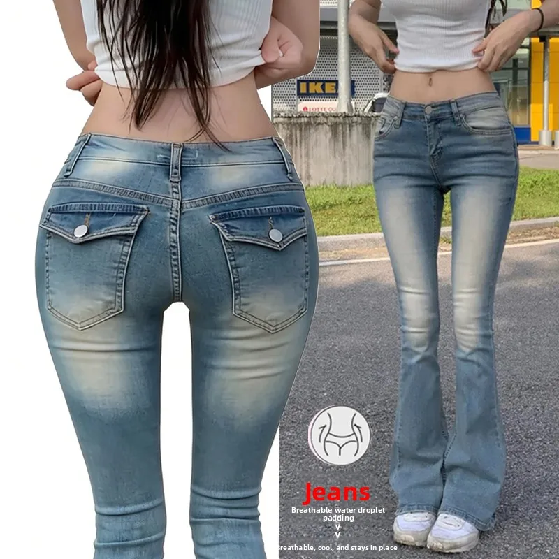 

Elastic Slimming Low Waist Denim Jeans Women's High Elastici Tight Fit Abdomen Control Bell Bot Casual Breathable Cotton