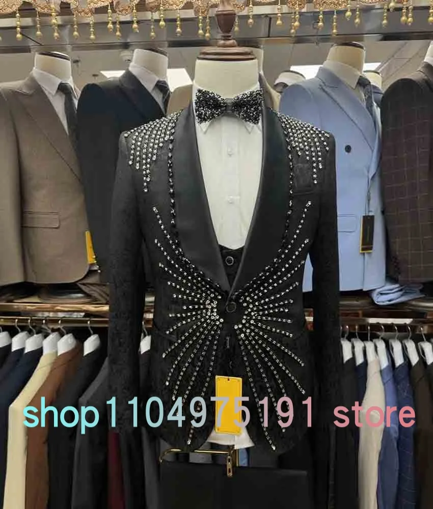 Luxury Crystal Beading 3-piece Men's Suit (Blazer+Vest+Pants ) Temperament Men's Stage Costume Wedding Party Dress prom dresses