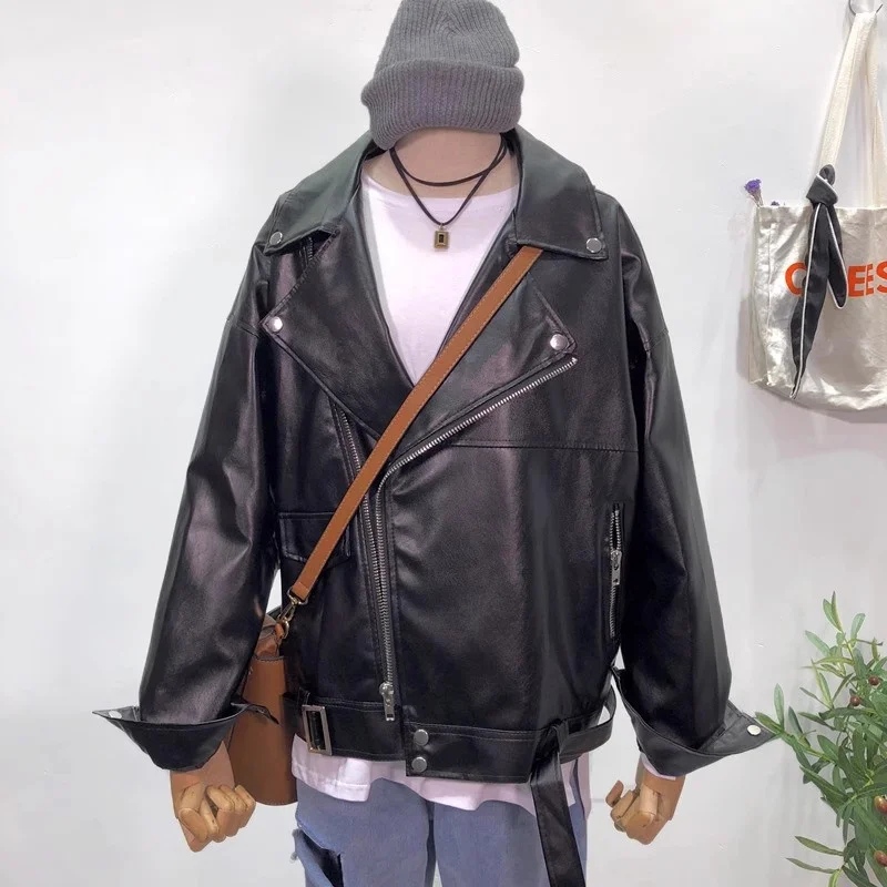 Spring Autumn Casual Korean Black Faux PU Leather Jacket With Belt Streetwear Fashion Lapel Long Sleeve Female Biker Jacket Coat