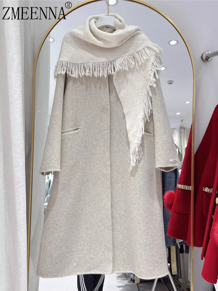 

ZMEENNA Womens Elegant Wool Blend Coat Oatmeal Single Breasted Winter Warm Outerwear With Detachable Fringe Scarf Shawl ZM4661