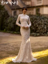 Shiny Sequins Beads Bride Robe Modest High Collar Long Sleeve Bridal Gown Customized Mermaid Long Wedding Dresses Robe De Mariée